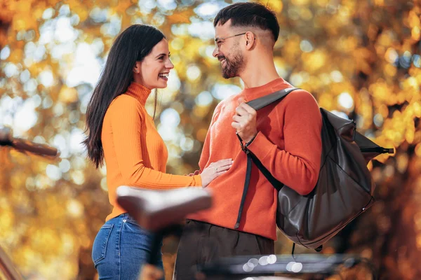 Young Couple Love Looking Each Other Sunny Autumn Day — Stock Photo, Image
