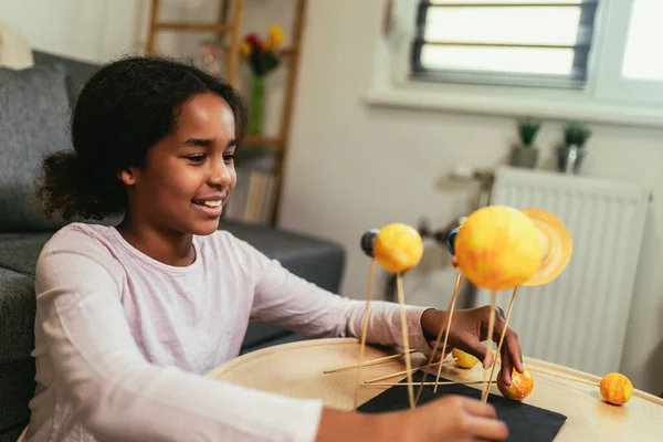 Happy African American School Girl Making Solar System School Science — Stok fotoğraf