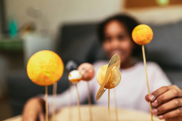 Happy African American School Girl Making Solar System School Science — Stok fotoğraf
