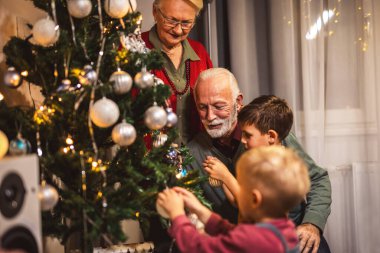 Bir ağacı ışık ve taşaklarla süslemek. Noel zamanı.