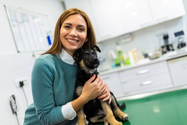 Veteriner hastanesinin dinlenme odasında sevimli köpeğini tutan genç bir kadın.