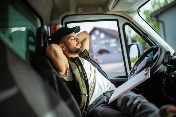 Tired Truck Driver Takes Break Driving Rests His Truck — Stock Photo, Image