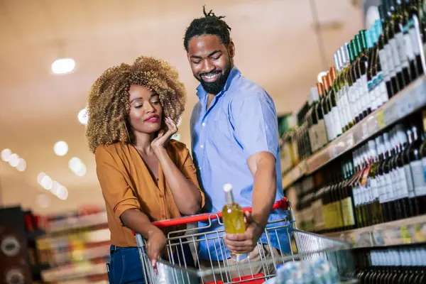 African American Couple Trolley Purchasing Groceries Mall Buying Wine — Stock Photo, Image