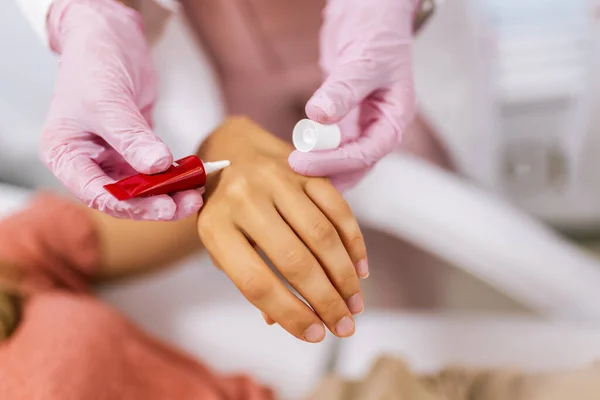 Doctor Applying Protective Cream Patient Hands — Stock Photo, Image