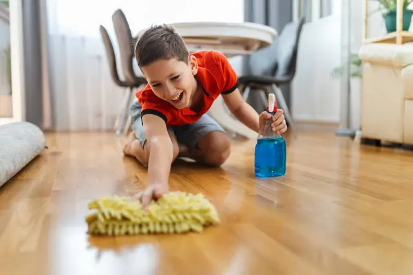Male Child Cleaning Floor Cloth Doing His Chore — Stock Photo, Image