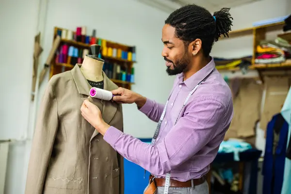Young Male African American Tailor Using Roller Cleaning Clothes His — Stock Photo, Image