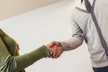 Shot of a young businessman shaking hands with a woman