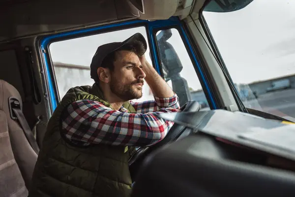 Tired Truck Driver Takes Break Driving Rests His Truck — Stock Photo, Image