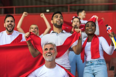 Futbol ve futbol taraftarları maçta takımları için tezahürat yapıyorlar.