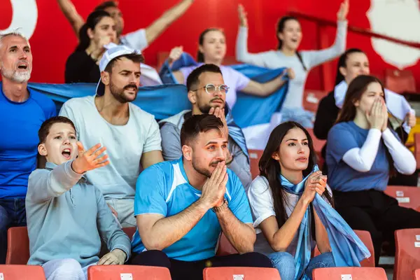Fanii Sportului Bucură Joc Stadion Purtând Culori Albastre Albe Pentru fotografii de stoc fără drepturi de autor