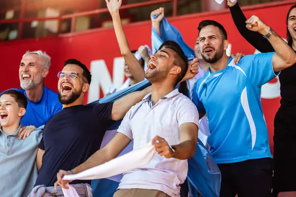 Fanii Sportului Bucură Joc Stadion Purtând Culori Albastre Albe Pentru Fotografie de stoc