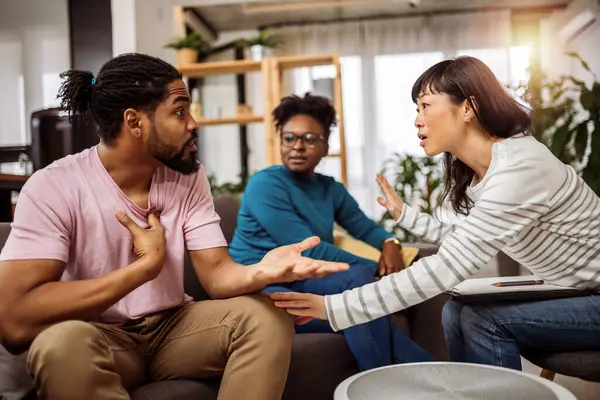 Arguing African American Couple Consulting Mental Health Problem Asian Psychologist — Stock Photo, Image