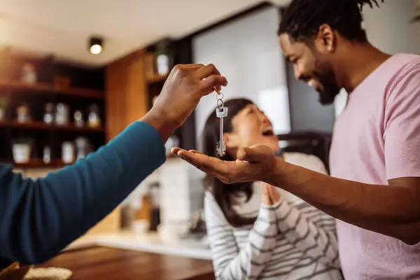 African American Couple Getting Keys Real Estate Agent New Home — Stock Photo, Image