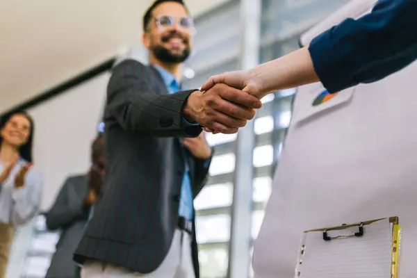 stock image Business man from Human Resource congratulates the new  employee of their company after the job interview.