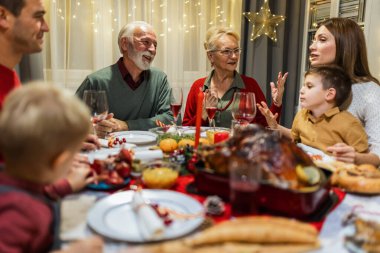 Mutlu bir aile Noel yemeğini büyükannesi ve büyükbabasıyla yiyor. Ev yapımı yemekler yemek, içecekler içmek. Ev yeni yıl arifesi ve Noel için dekore edilmiştir.