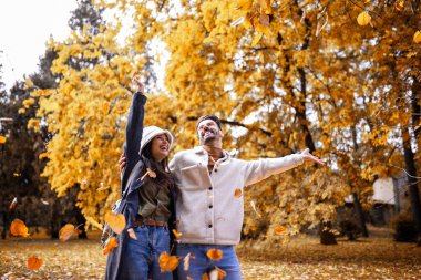 Young happy couple hugging,walking and throwing leaves in the park. Colorful park on sunny autumn day. clipart