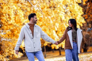 Young happy couple hugging,walking and throwing leaves in the park. Colorful park on sunny autumn day. clipart