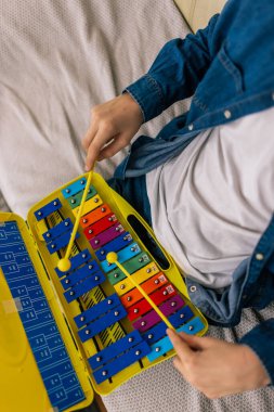 Boy plays metallophone at home. clipart