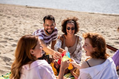 Dostlar, sahilde bir piknikte içkiyle kadeh kaldırır..