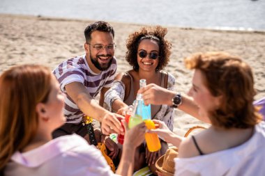 Dostlar, sahilde bir piknikte içkiyle kadeh kaldırır..