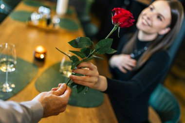 Erkek arkadaşı, sevgilisine romantik bir akşam yemeğinde güzel kırmızı bir gül hediye eder..