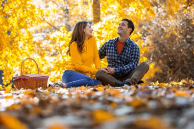 Güzel evli çift, güneşli bir sonbahar gününde parkta bir piknik buluşmasında gülüp sarılıyor..
