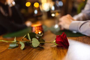 Romantik bir akşam yemeğinde bir çift. Masadaki kırmızı gülün yakın çekimi..