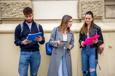 Birlikte okuyan üç ergen öğrenciden oluşan bir grup. Kitaplar ve tablet tutuyorlar, eğitimsel içeriği tartışıyor ve paylaşıyorlar.
