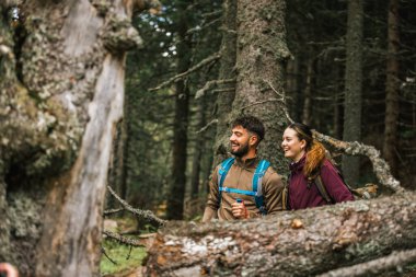 Sırt çantaları, yürüyüş direkleri ve açık hava kıyafetleriyle donatılmış genç bir erkek ve kadın, yemyeşil doğayla çevrili bir dağ yolunda birlikte yürüyorlar.. 