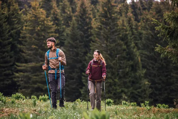 Sırt çantaları, yürüyüş direkleri ve açık hava kıyafetleriyle donatılmış genç bir erkek ve kadın, yemyeşil doğayla çevrili bir dağ yolunda birlikte yürüyorlar.. 