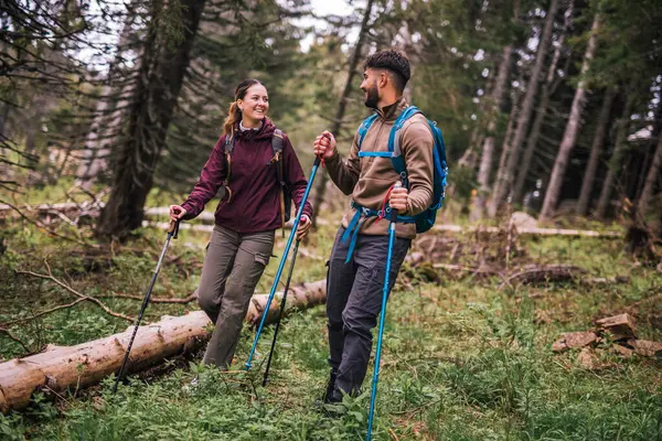 Genç bir erkek ve kadın, tam teçhizatlı sırt çantaları, yürüyüş direkleri ve açık hava kıyafetleriyle dolu gür bir dağ ormanında yürürken yakalanırlar. Çift orman yolunda ilerlerken odaklanmış ve kararlı görünüyor..