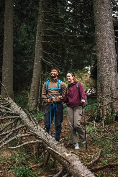 Sırt çantaları, yürüyüş direkleri ve açık hava kıyafetleriyle donatılmış genç bir erkek ve kadın, yemyeşil doğayla çevrili bir dağ yolunda birlikte yürüyorlar.. 