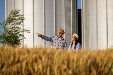 İki işçi buğday kaplı bir alanda büyük siloların önünde duruyor, uzaktaki bir şeye bakıyorlar.