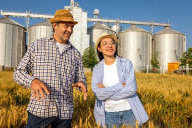 İki işçi buğday kaplı bir alanda büyük siloların önünde duruyor ve gelecek görevleri aktif olarak tartışıyorlar..