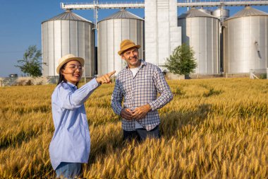 İki işçi buğday kaplı bir alanda büyük siloların önünde duruyor ve gelecek görevleri aktif olarak tartışıyorlar..