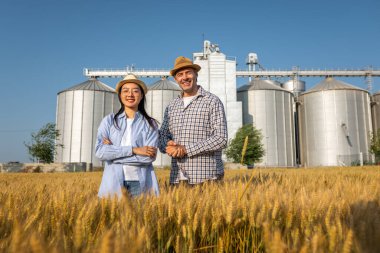 İki işçi buğday kaplı bir alanda büyük siloların önünde duruyor ve gelecek görevleri aktif olarak tartışıyorlar..