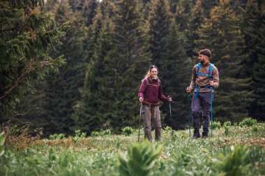 Sırt çantaları, yürüyüş direkleri ve açık hava kıyafetleriyle donatılmış genç bir erkek ve kadın, yemyeşil doğayla çevrili bir dağ yolunda birlikte yürüyorlar.. 