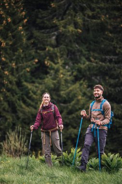 Sırt çantaları, yürüyüş direkleri ve açık hava kıyafetleriyle donatılmış genç bir erkek ve kadın, bereketli doğayla çevrili bir dağ yolu boyunca birlikte yürüyorlar. Çevrelerindeki manzaranın güzelliğine hayran olmak için dururlar..