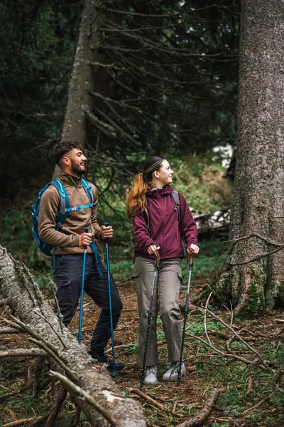 Sırt çantaları, yürüyüş direkleri ve açık hava kıyafetleriyle donatılmış genç bir erkek ve kadın, yemyeşil doğayla çevrili bir dağ yolunda birlikte yürüyorlar.. 