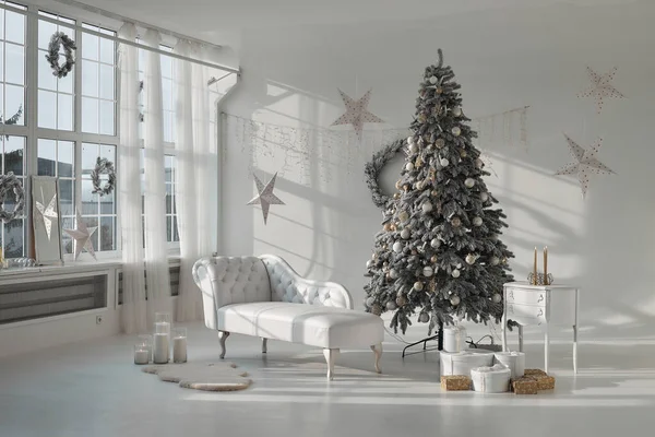 Confortable Espace Chambre Lumineux Blanc Décoré Pour Les Vacances Noël — Photo