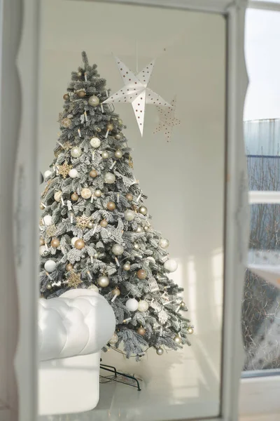 Reflet Arbre Noël Nouvellement Planté Dans Miroir — Photo