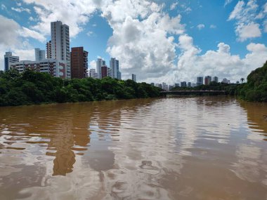 Açık kahverengi bir nehrin panoramik manzarası, yemyeşil bitki örtüsü ve gökdelenlerle çevrili. Beyaz bulutlu mavi gökyüzü çarpıcı bir zıtlık yaratır, kentsel bir ortamda doğanın güzelliğini yansıtır..