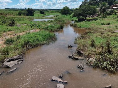 Yeşil bir tarlada kıvrılan bir nehrin olduğu, arka planda yemyeşil bitki örtüsü ve ağaçlarla çevrili güzel doğal bir manzara. Mavi gökyüzü beyaz bulutlarla kaplı. Huzur ve uyumu sağlayan sakin ve rahatlatıcı bir atmosfer yaratıyor. 