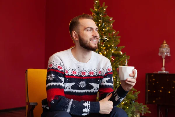 Handsome man in sweater smiling holding cup of drink near the Christmas tree