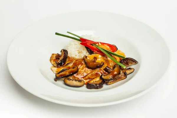 Tasty Shiitake Mushrooms Chicken Vegetables Served White Plate White Background — Stock Photo, Image