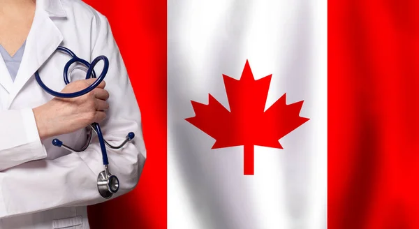 Medicina Canadiense Concepto Salud Doctor Cerca Contra Bandera Canadá Fondo — Foto de Stock