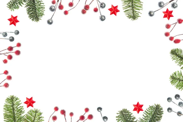 Kerst Kaart Achtergrond Kerst Compositie Frame Met Groenblijvende Takken Rode — Stockfoto