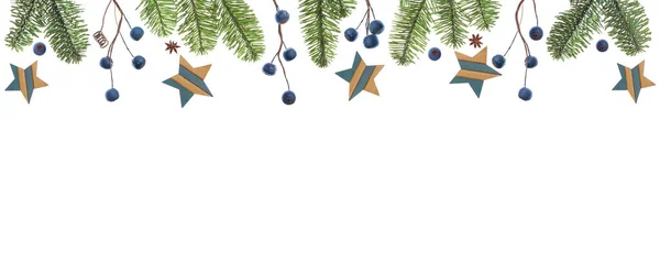 Gałąź Evergreen Dekoracja Gwiazdkowa Niebieskie Jagody Granica Tła Bożego Narodzenia — Zdjęcie stockowe