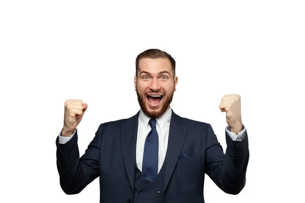 Glücklich Fröhlich Gut Aussehender Geschäftsmann Anzug Lächelnd Isoliert Auf Weißem — Stockfoto