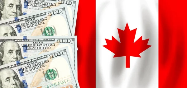 Dollars Sur Drapeau Canada Finances Canadiennes Subventions Soutien Social Concept — Photo